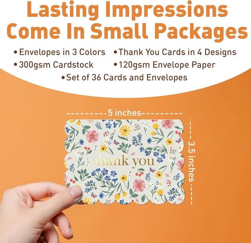 بطاقات شكر صغيرة من Sweetzer & Orange Blooming Fields - مجموعة مكونة من 36 بطاقة شكر من رقائق الذهب مقاس 3.5x5 بوصة مع حواف صدفية وأظرف وصندوق تخزين in Kuwait