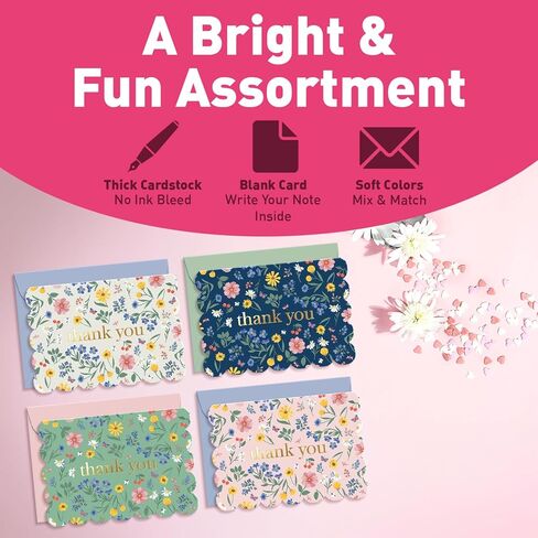 بطاقات شكر صغيرة من Sweetzer & Orange Blooming Fields - مجموعة مكونة من 36 بطاقة شكر من رقائق الذهب مقاس 3.5x5 بوصة مع حواف صدفية وأظرف وصندوق تخزين in Kuwait