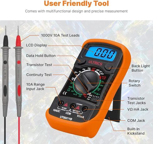 Digital Multimeter Tester by ULTRICS, 2000 Counts Volt Meter and Voltage Tester with Backlit LCD, Data Hold and Test Leads for AC DC Voltage, Current, Resistance, Continuity, Diode and Battery Test in Saudi Arabia