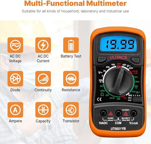 Digital Multimeter Tester by ULTRICS, 2000 Counts Volt Meter and Voltage Tester with Backlit LCD, Data Hold and Test Leads for AC DC Voltage, Current, Resistance, Continuity, Diode and Battery Test in Saudi Arabia