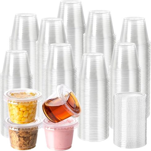 HOMIP 100Pack 4oz Disposable Plastic Portion Cups with Lids, Small Mini Sauce Cups for Portion Control, Salad Dressing Cups, Airtight and Stackable Condiment Cups for Party, Holiday and Daily Use in Saudi Arabia