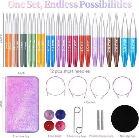 Weabetfu Interchangeable Circular Knitting Needles Set 12 Pairs Shorties Knitting Needles 3.0-8.0mm,2 Inch Aluminum Short Circular Needles with 360° Swivel Cables for Socks,Sleeves & Small Projects in Kuwait