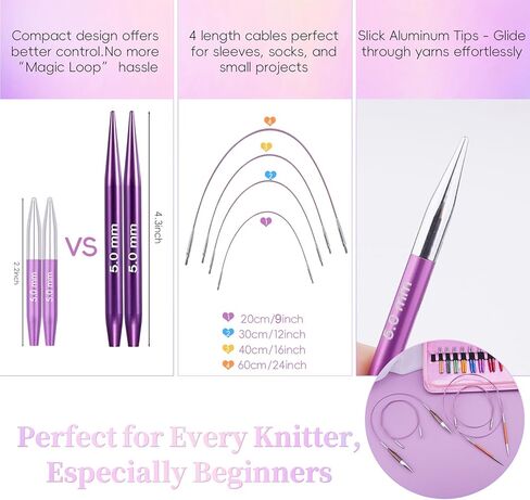Weabetfu Interchangeable Circular Knitting Needles Set 12 Pairs Shorties Knitting Needles 3.0-8.0mm,2 Inch Aluminum Short Circular Needles with 360° Swivel Cables for Socks,Sleeves & Small Projects in Kuwait