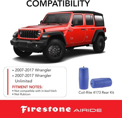 Firestone Airide 4173 Coil-Rite Rear Air Springs Kit fits 2007-2017 Wrangler Unlimited | 5-35 PSI | No Drill Installation | Load Capacity of 1,000 Pounds | Made of Elastic Polyurethane in Saudi Arabia