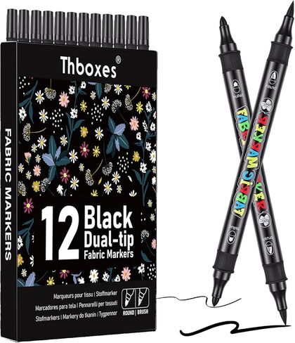 Thboxes Black Fabric Markers, 12 Pack Permanent Markers for Clothes Dual Tip Brush & Fine 1-5mm, Quick Dry Fabric Pen for T-Shirts Hats Tote Bags Canvas Shoes Sneakers in Kuwait