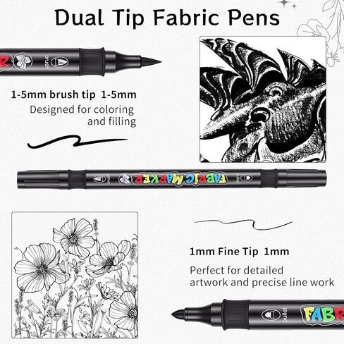 Thboxes Black Fabric Markers, 12 Pack Permanent Markers for Clothes Dual Tip Brush & Fine 1-5mm, Quick Dry Fabric Pen for T-Shirts Hats Tote Bags Canvas Shoes Sneakers in Kuwait