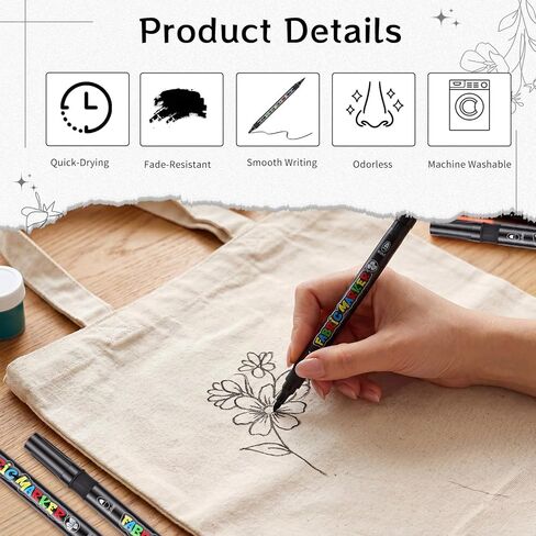 Thboxes Black Fabric Markers, 12 Pack Permanent Markers for Clothes Dual Tip Brush & Fine 1-5mm, Quick Dry Fabric Pen for T-Shirts Hats Tote Bags Canvas Shoes Sneakers in Kuwait