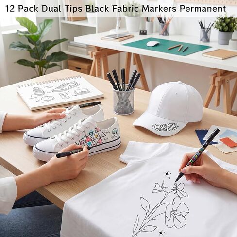 Thboxes Black Fabric Markers, 12 Pack Permanent Markers for Clothes Dual Tip Brush & Fine 1-5mm, Quick Dry Fabric Pen for T-Shirts Hats Tote Bags Canvas Shoes Sneakers in Kuwait