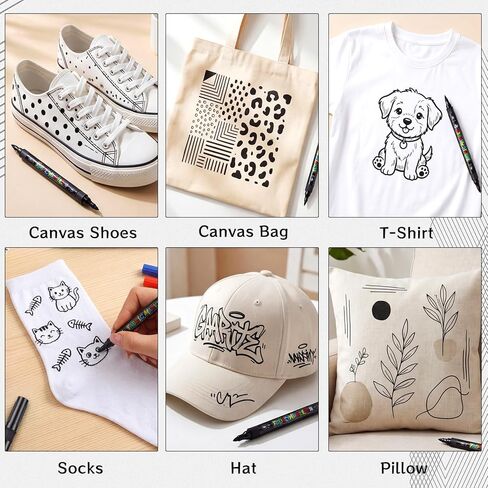Thboxes Black Fabric Markers, 12 Pack Permanent Markers for Clothes Dual Tip Brush & Fine 1-5mm, Quick Dry Fabric Pen for T-Shirts Hats Tote Bags Canvas Shoes Sneakers in Kuwait