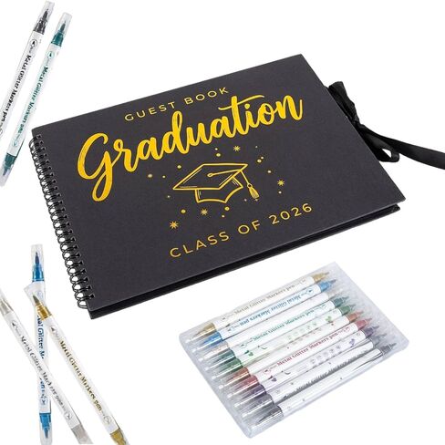 2026 Graduation Guest Book, Black and Gold Graduation Scrapbook Album with Ribbon Tie With 10 Different Colored Double Headed Markers for High School College Grad Party Decorations and Keepsake Gifts in Saudi Arabia