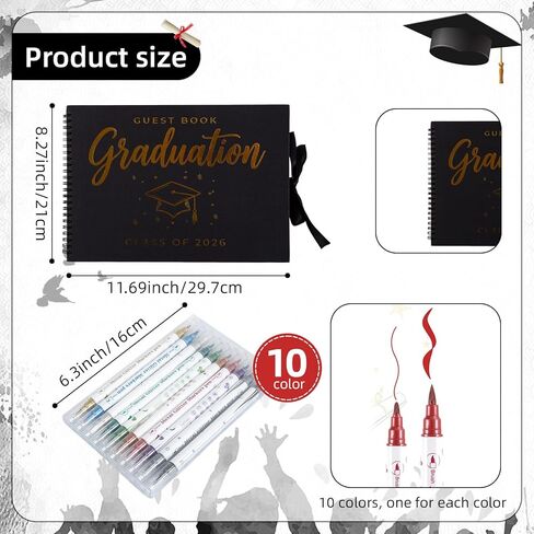 2026 Graduation Guest Book, Black and Gold Graduation Scrapbook Album with Ribbon Tie With 10 Different Colored Double Headed Markers for High School College Grad Party Decorations and Keepsake Gifts in Saudi Arabia