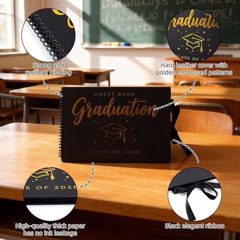 2026 Graduation Guest Book, Black and Gold Graduation Scrapbook Album with Ribbon Tie With 10 Different Colored Double Headed Markers for High School College Grad Party Decorations and Keepsake Gifts in Saudi Arabia