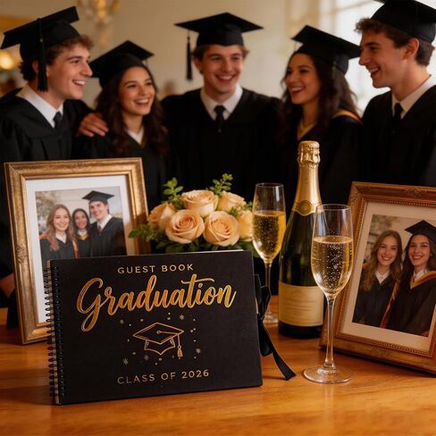 2026 Graduation Guest Book, Black and Gold Graduation Scrapbook Album with Ribbon Tie With 10 Different Colored Double Headed Markers for High School College Grad Party Decorations and Keepsake Gifts in Saudi Arabia