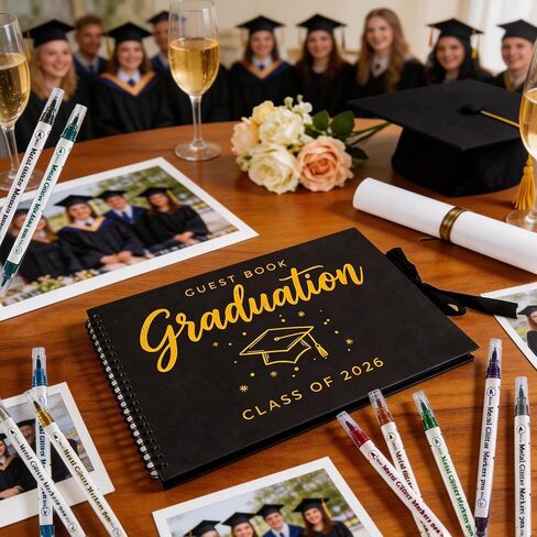 2026 Graduation Guest Book, Black and Gold Graduation Scrapbook Album with Ribbon Tie With 10 Different Colored Double Headed Markers for High School College Grad Party Decorations and Keepsake Gifts in Saudi Arabia