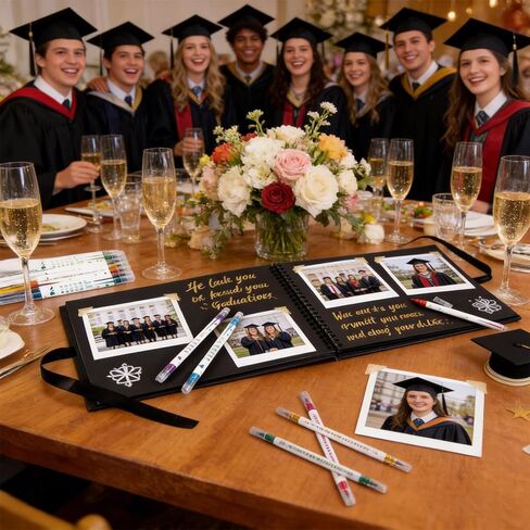2026 Graduation Guest Book, Black and Gold Graduation Scrapbook Album with Ribbon Tie With 10 Different Colored Double Headed Markers for High School College Grad Party Decorations and Keepsake Gifts in Saudi Arabia