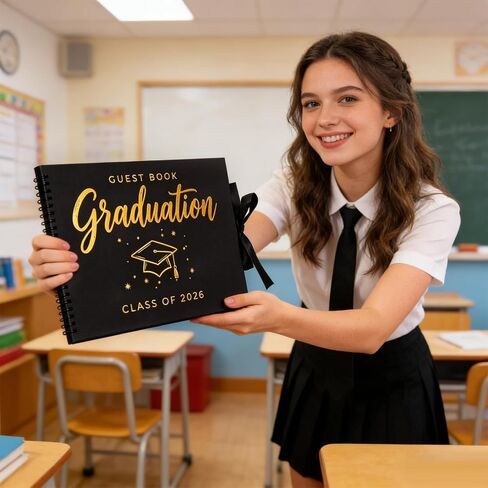 2026 Graduation Guest Book, Black and Gold Graduation Scrapbook Album with Ribbon Tie With 10 Different Colored Double Headed Markers for High School College Grad Party Decorations and Keepsake Gifts in Saudi Arabia