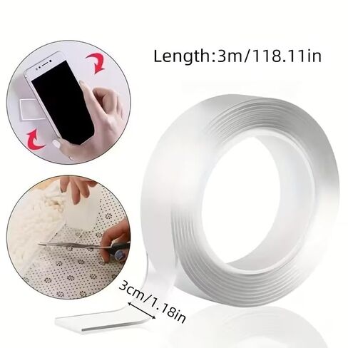 Double Sided Nano Tape Reusable Waterproof Heat Resistant Transparent Adhesive Strip for Wall Mounting Home Decoration Bathroom, 1Roll in Kuwait