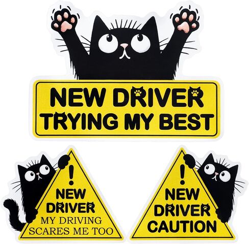 Tallew 3 Pcs Black Cat New Driver Car Magnets – Funny Please Be Patient Student Driver Magnet Signs, Reflective Safety Warning Magnets for New Car Drivers, Durable & Weatherproof Auto Accessories in Kuwait