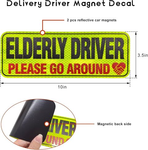 2 PCS Elderly Driver Car Magnet, 6"×4" Reflective Senior Driver Magnets Safety Warning Signs, Reusable Elderly Drivers Please Go Around Magnetic Sticker for Car Hood Bumper Tailgate (Style B) in Kuwait