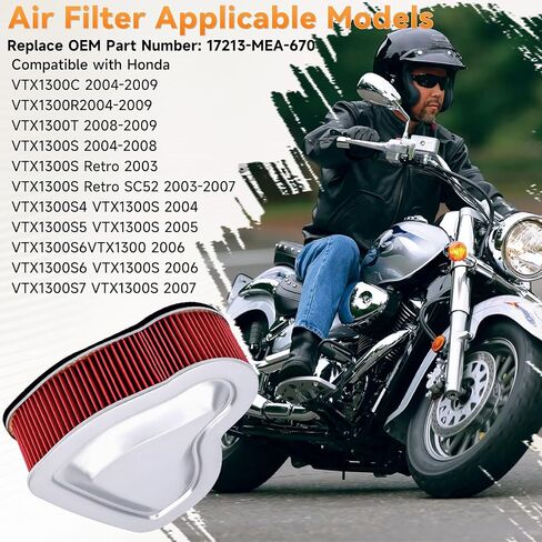 17213-MEA-670 Motorcycle Air Filter Compatible with Honda VTX1300C VTX1300R 2004-2009/VTX1300T 2008-2009/VTX1300S 2004-2008 Retro 2003 Retro SC52 2003-2007/VTX1300 S4 S5 S6 S7 2004-2007 VTX 1300 S in Saudi Arabia