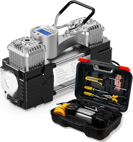 Dual Cylinder Tire Inflator Air Compressor with Tire Repair Kit and Toolbox Portable Air Pump with Digital Display, LED Light, Auto Shut-Off, Heavy Duty for Truck, SUV, Car, RV (RED) (SILIVER) in Kuwait