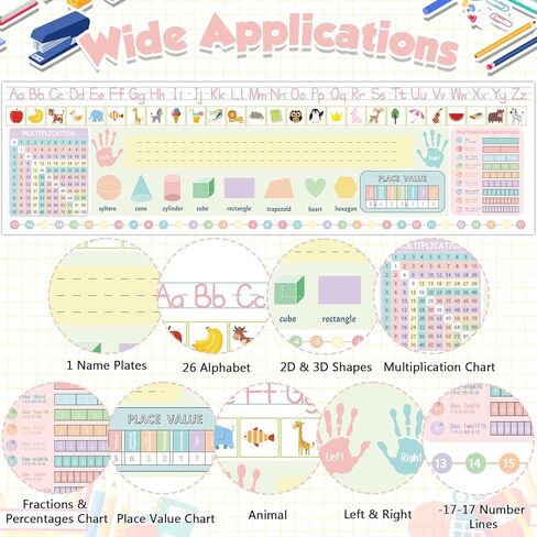 24 Pcs Self Adhesive Name Tags Students Desks Name Plates Multipurpose Manuscript Nameplate with Multiplication Fractions Alphabet Left/Right Place Value for Back to School Supplies 14 x 4Inch(Pastel) in Kuwait