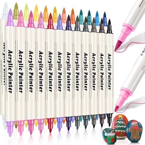 24 Colors Dual Tip Acrylic Paint Pens Markers, Brush & Fine Tip Coloring Drawing Markers for Christmas Decorations, Waterproof Making Art Supplies for Wood, Fabric, Stone, Glass, Rock Painting in Saudi Arabia