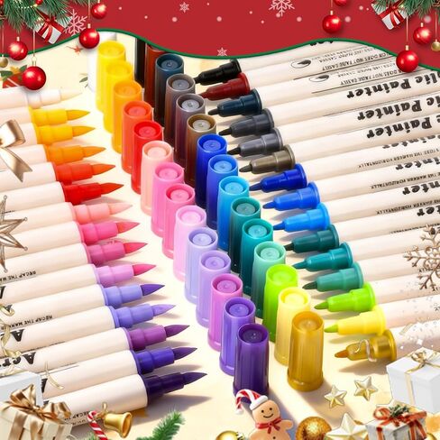24 Colors Dual Tip Acrylic Paint Pens Markers, Brush & Fine Tip Coloring Drawing Markers for Christmas Decorations, Waterproof Making Art Supplies for Wood, Fabric, Stone, Glass, Rock Painting in Saudi Arabia