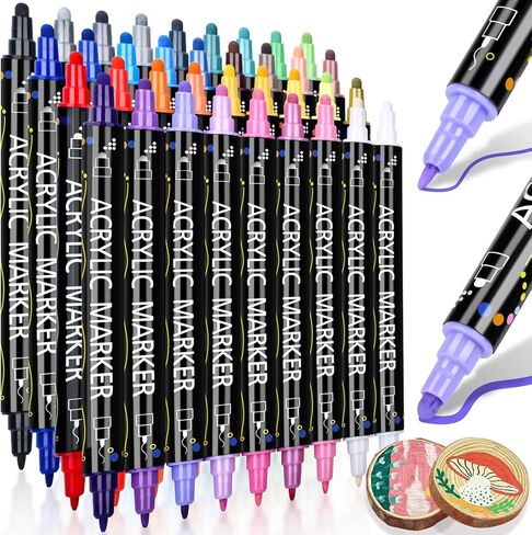 24 Colors Dual Tip Acrylic Paint Pens Markers, Brush & Fine Tip Coloring Drawing Markers for Christmas Decorations, Waterproof Making Art Supplies for Wood, Fabric, Stone, Glass, Rock Painting in Saudi Arabia