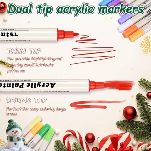 24 Colors Dual Tip Acrylic Paint Pens Markers, Brush & Fine Tip Coloring Drawing Markers for Christmas Decorations, Waterproof Making Art Supplies for Wood, Fabric, Stone, Glass, Rock Painting in Saudi Arabia
