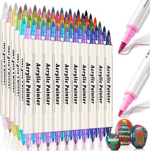24 Colors Dual Tip Acrylic Paint Pens Markers, Brush & Fine Tip Coloring Drawing Markers for Christmas Decorations, Waterproof Making Art Supplies for Wood, Fabric, Stone, Glass, Rock Painting in Saudi Arabia