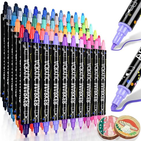 24 Colors Dual Tip Acrylic Paint Pens Markers, Brush & Fine Tip Coloring Drawing Markers for Christmas Decorations, Waterproof Making Art Supplies for Wood, Fabric, Stone, Glass, Rock Painting in Saudi Arabia