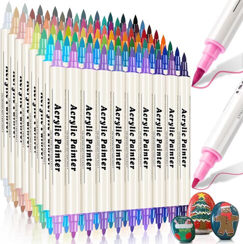 24 Colors Dual Tip Acrylic Paint Pens Markers, Brush & Fine Tip Coloring Drawing Markers for Christmas Decorations, Waterproof Making Art Supplies for Wood, Fabric, Stone, Glass, Rock Painting in Saudi Arabia