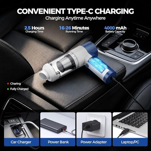 Car Vacuum/Air Duster Portable Cordless - 16000PA High Power Handheld Vacuum with 85,000RPM Brushless Motor, 4-in-1 Rechargeable Mini Vacuum & Blower & Pump for Car Detailing, Home, Office, Pet Hair in Saudi Arabia