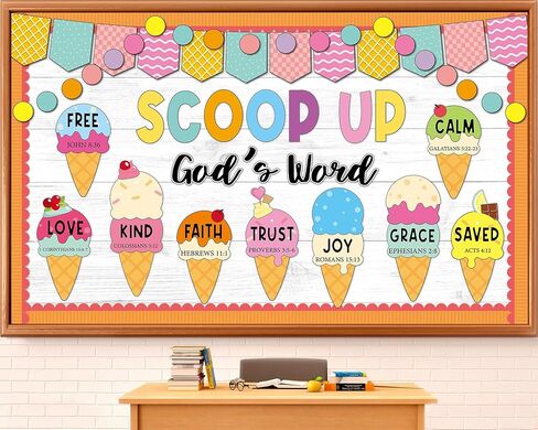 Summer Christian Bulletin Board Decorations Set Bible Verse Inspirational Jesus Classroom Decoration Summer Ice Cream Religious Paper Cutouts for Sunday School Church VBS Home Chalkboard Wall Decor in Kuwait