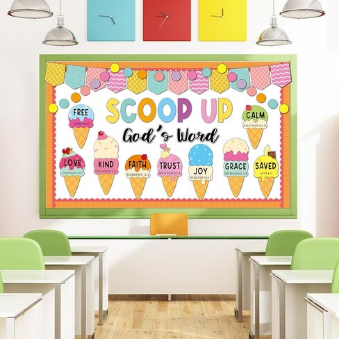 Summer Christian Bulletin Board Decorations Set Bible Verse Inspirational Jesus Classroom Decoration Summer Ice Cream Religious Paper Cutouts for Sunday School Church VBS Home Chalkboard Wall Decor in Kuwait