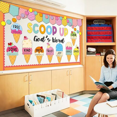 Summer Christian Bulletin Board Decorations Set Bible Verse Inspirational Jesus Classroom Decoration Summer Ice Cream Religious Paper Cutouts for Sunday School Church VBS Home Chalkboard Wall Decor in Kuwait