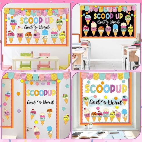 Summer Christian Bulletin Board Decorations Set Bible Verse Inspirational Jesus Classroom Decoration Summer Ice Cream Religious Paper Cutouts for Sunday School Church VBS Home Chalkboard Wall Decor in Kuwait