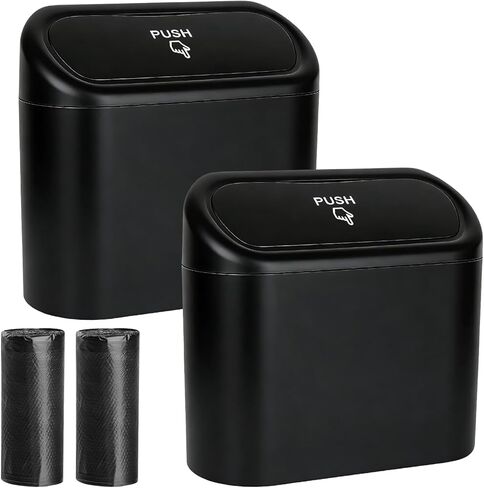 2 PCS Car Trash Can with Lid, Leakproof Mini Auto Garbage Bin with Trash Bags, Multipurpose Dustbin Container Storage Organizer for Vehicle Home Office, Car Accessories (Black) in Kuwait