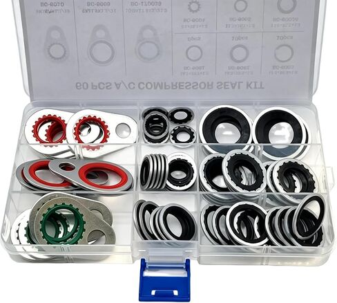 60 PCS Car A/C System Compressor Gaskets, Air Conditioning Hose Gaskets to Compressor Seal Kit, 9 Sizes Standard Bonded Seal Assortment, Universal for Most Cars (Multicolored) in Kuwait