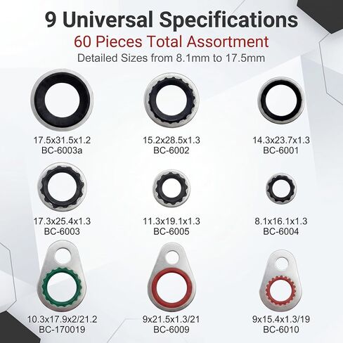 60 PCS Car A/C System Compressor Gaskets, Air Conditioning Hose Gaskets to Compressor Seal Kit, 9 Sizes Standard Bonded Seal Assortment, Universal for Most Cars (Multicolored) in Kuwait