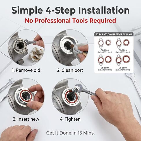 60 PCS Car A/C System Compressor Gaskets, Air Conditioning Hose Gaskets to Compressor Seal Kit, 9 Sizes Standard Bonded Seal Assortment, Universal for Most Cars (Multicolored) in Kuwait