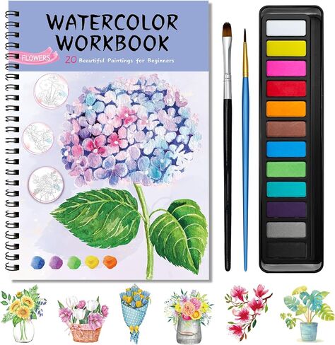 Kalysky Watercolor Workbook,Coloring Book,12-Color Paint Set with 2 Paint Brushes for Adults,20 Step-by-Step Beginner-Friendly Flower Paintings in Kuwait