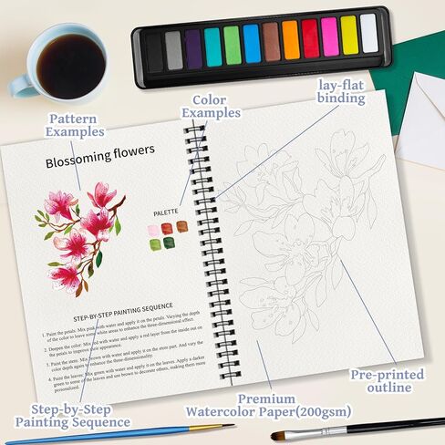 Kalysky Watercolor Workbook,Coloring Book,12-Color Paint Set with 2 Paint Brushes for Adults,20 Step-by-Step Beginner-Friendly Flower Paintings in Kuwait