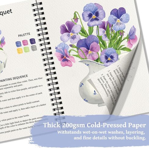 Kalysky Watercolor Workbook,Coloring Book,12-Color Paint Set with 2 Paint Brushes for Adults,20 Step-by-Step Beginner-Friendly Flower Paintings in Kuwait