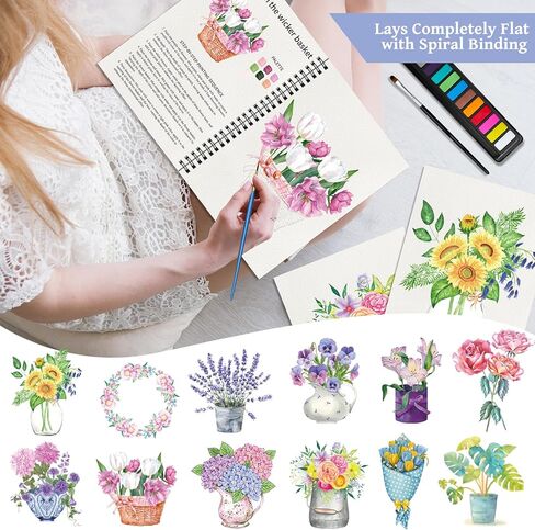 Kalysky Watercolor Workbook,Coloring Book,12-Color Paint Set with 2 Paint Brushes for Adults,20 Step-by-Step Beginner-Friendly Flower Paintings in Kuwait