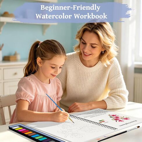 Kalysky Watercolor Workbook,Coloring Book,12-Color Paint Set with 2 Paint Brushes for Adults,20 Step-by-Step Beginner-Friendly Flower Paintings in Kuwait