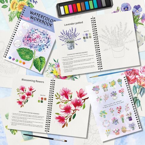 Kalysky Watercolor Workbook,Coloring Book,12-Color Paint Set with 2 Paint Brushes for Adults,20 Step-by-Step Beginner-Friendly Flower Paintings in Kuwait