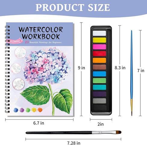 Kalysky Watercolor Workbook,Coloring Book,12-Color Paint Set with 2 Paint Brushes for Adults,20 Step-by-Step Beginner-Friendly Flower Paintings in Kuwait