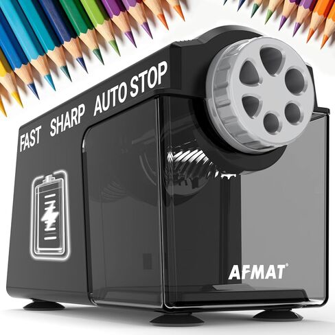 AFMAT Electric Pencil Sharpener for Classroom, 6 Holes, Cordless & Rechargeable, Super Fast, Auto Stop, 10K+ Uses, Heavy Duty Pencil Sharpener for 6-11mm No.2/Large/Colored Pencils PSD4(Black) in Kuwait